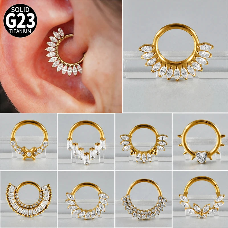 Titanium Septum Nose Ring 16G Hinge Clicker with Zircon Stone - Body Jewelry