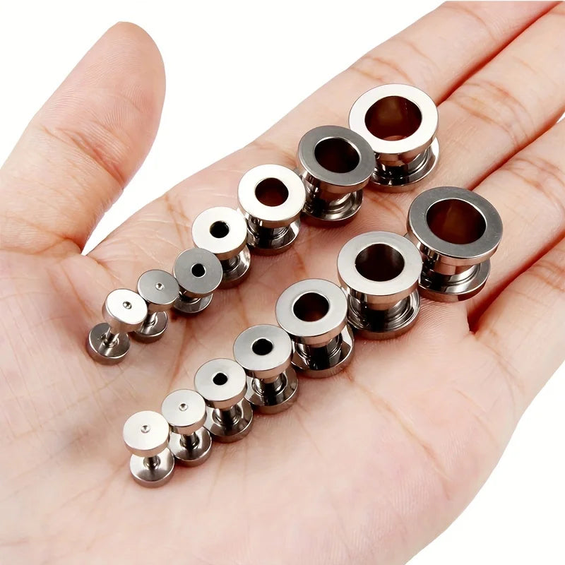 2-Pair Titanium & Stainless Steel Ear Gauge Tunnels Expander Plugs Body Piercing Jewelry