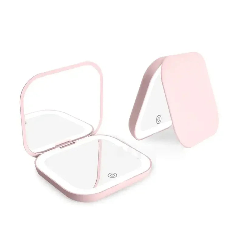 Portable Folding Cosmetic Mirror with Lights - 2X Magnification, Travel-Friendly