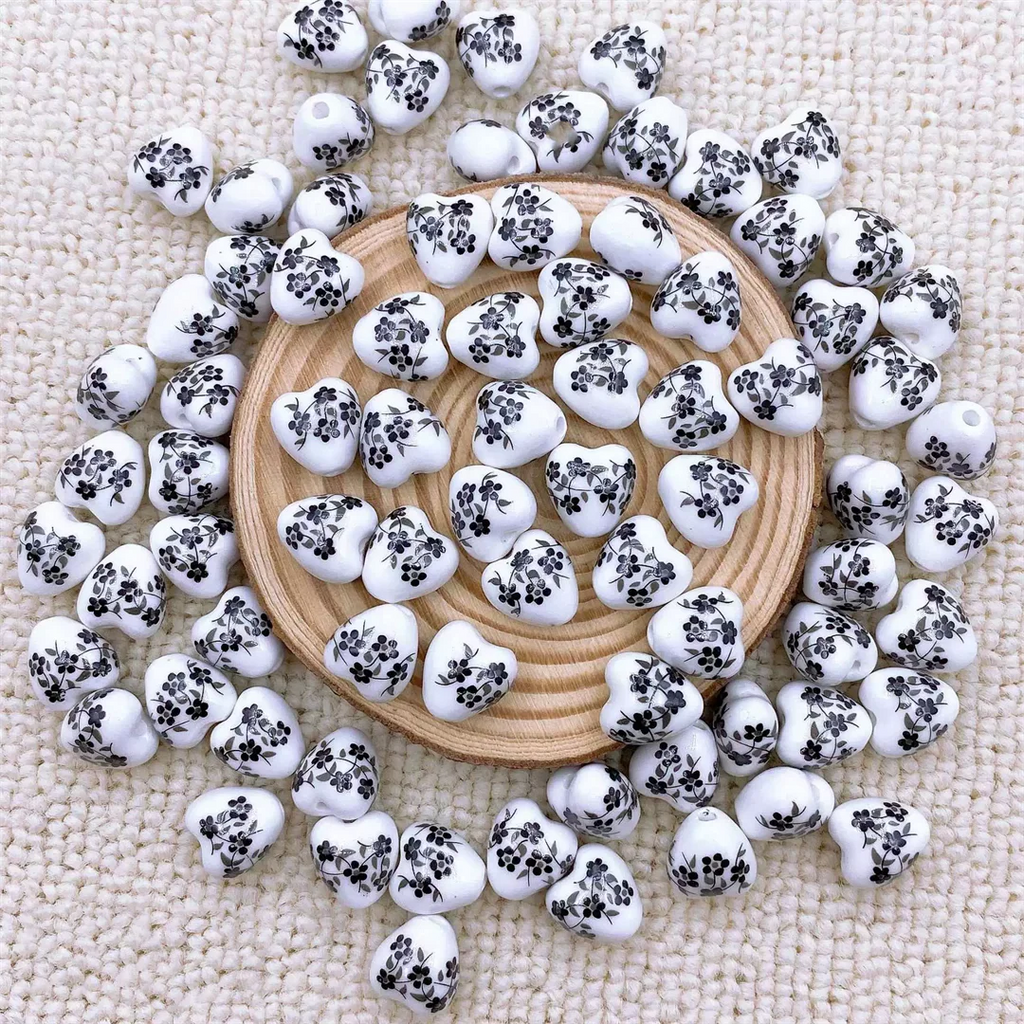 Ceramic Heart Shape Flower Pattern Beads for Jewelry Making 12mm 10pcs