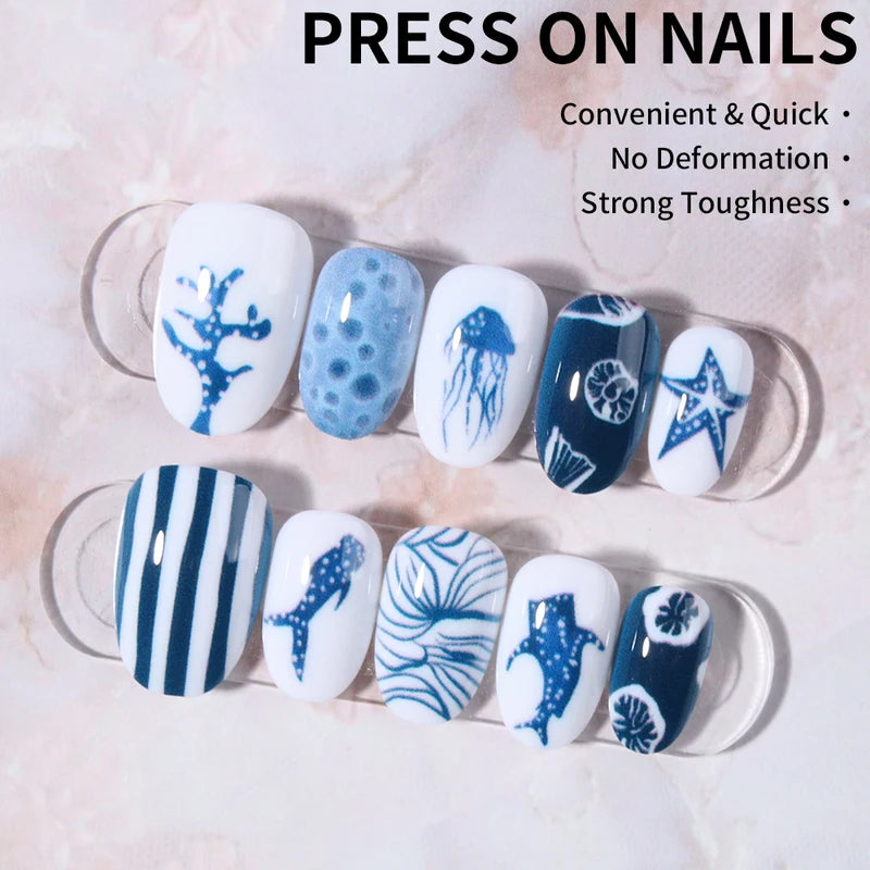 Oceanic Style Short Oval Whale & Star French Press Nails - 24 Pieces