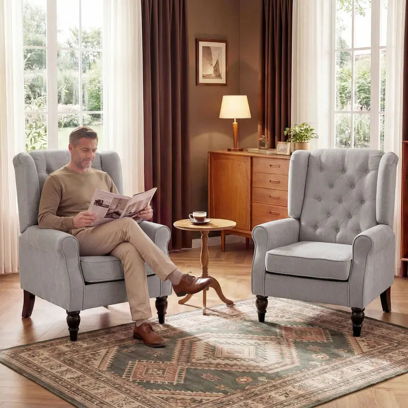 Mid-Century Modern Accent Armchair with Tufted Fabric & Wooden Legs - Gray