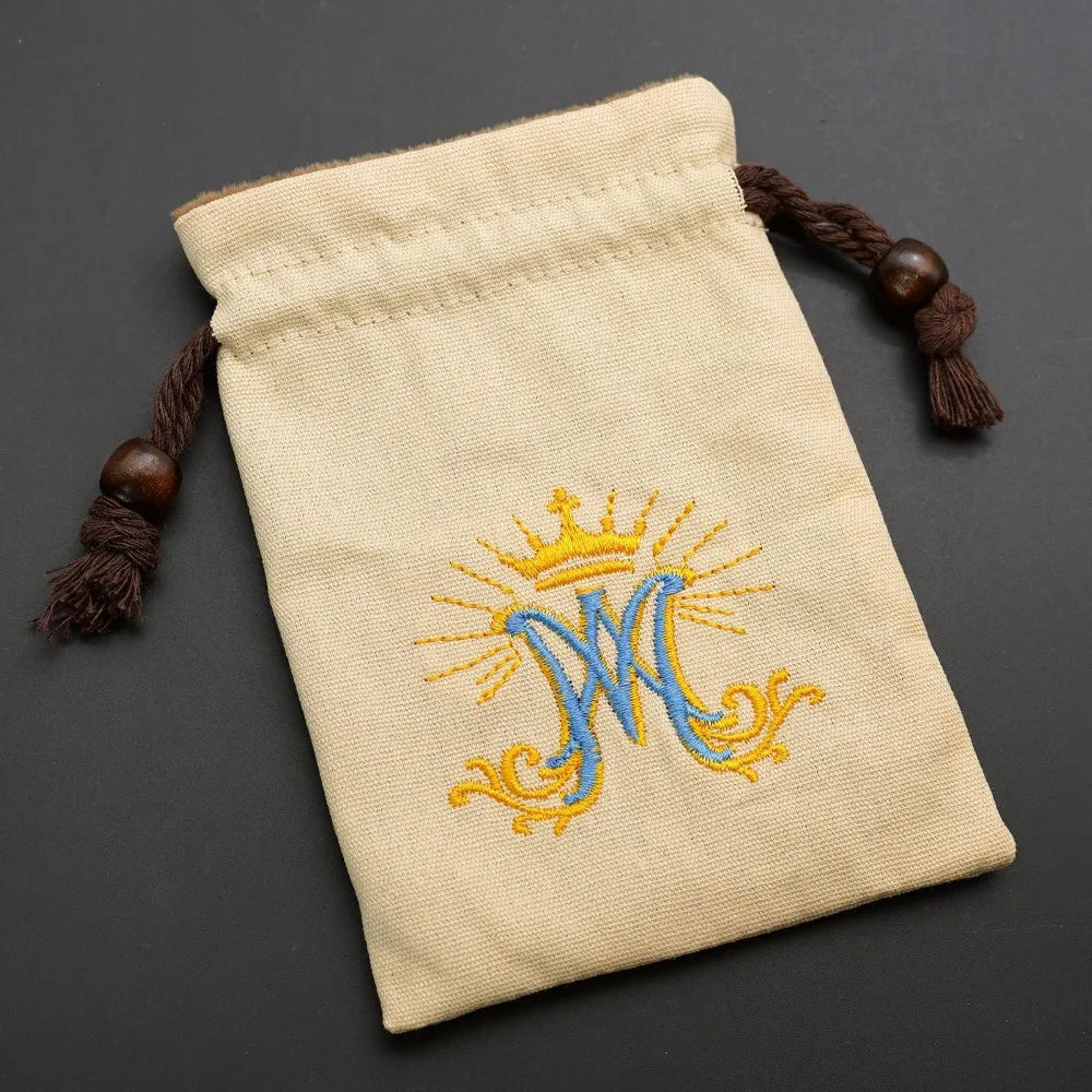Catholic Rosary Drawstring Pouch - Cotton Canvas Reusable Embroidered Holder