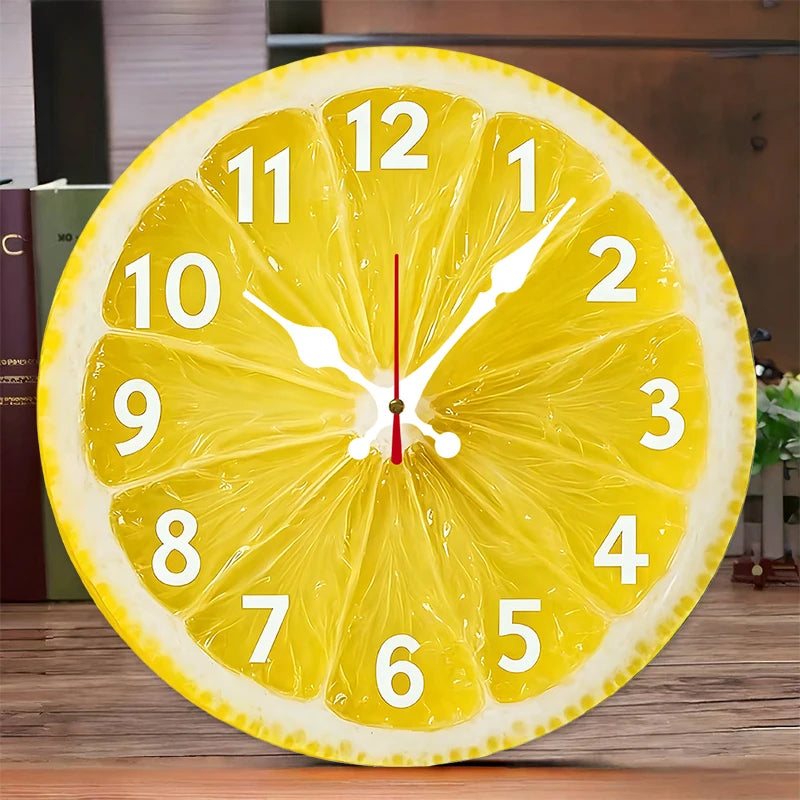 Lemon-Themed Wooden Wall Clock - Silent Hanging Round Decor for Living Room Office Bedroom