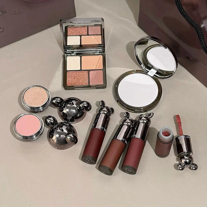 Makeup Set with Lip Mud, Face Blush, Powder, Eyeshadow Palette & Highlighter – 8 Pieces