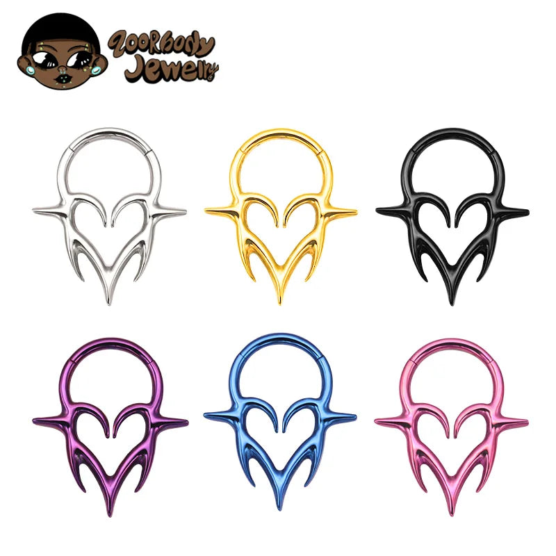 Titanium Septum Piercing Clicker with Tribal Fangs and Heart Totem Design