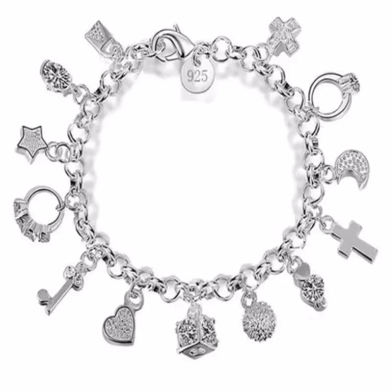 925 Sterling Silver Bracelet for Women Thirteen Pendant Multi-Element Jewelry