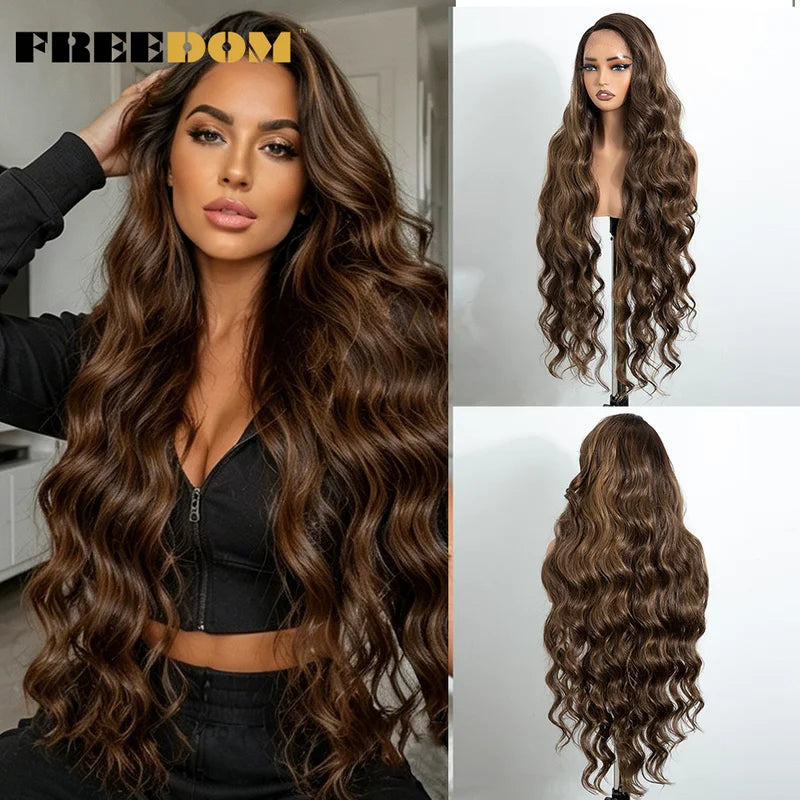 Long Wavy Synthetic Lace Front Wig for Black Women - 36 Inch Ombre Body Wave Daily Use
