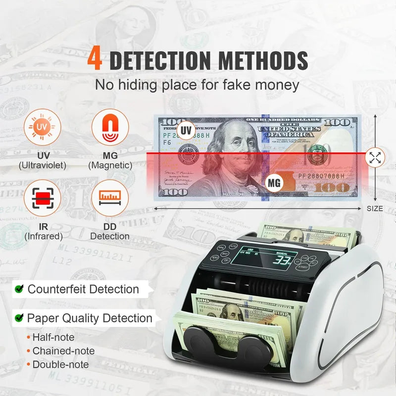 Cash Counter Machine with UV/MG/IR Detection 1000 Bills/Min for Business