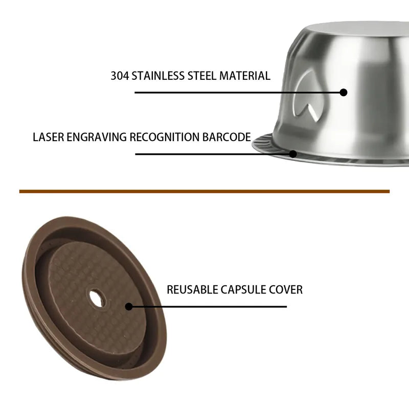 Reusable Stainless Steel Coffee Capsules for Vertuoline with Silicone Lid & Tamper
