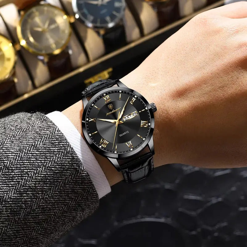 Men's Leather Business Wristwatch with Date and Luminous Quartz Movement