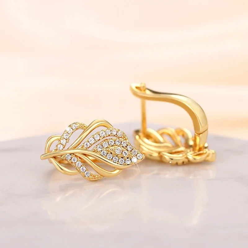 Leaf Shaped Hoop Earrings for Women Gold Color Cubic Zirconia Bridal Jewelry