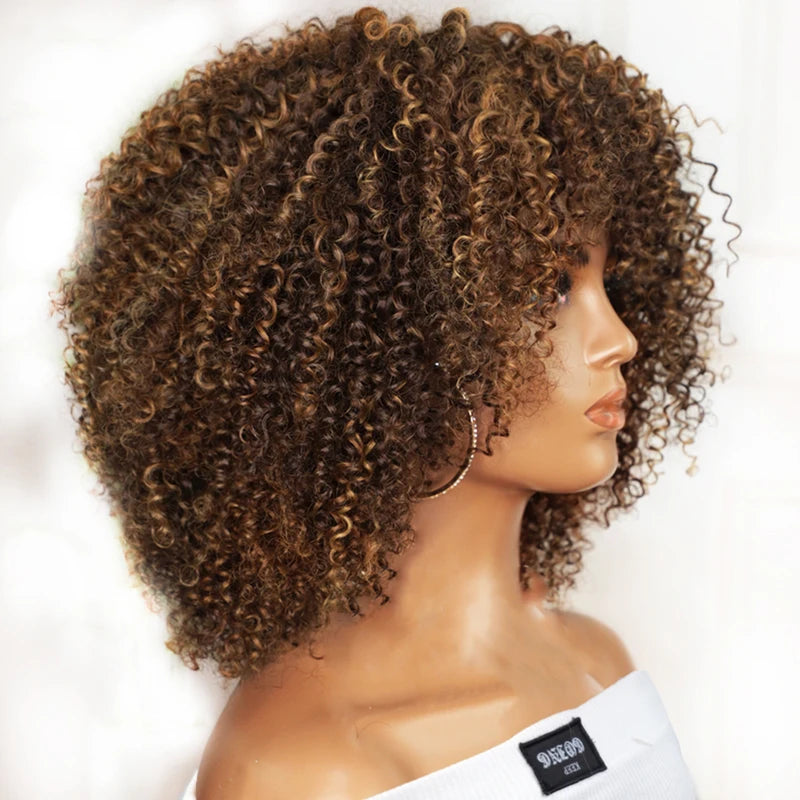 Kinky Curly Wig with Bangs - Full Machine Human Hair, Highlight Colors