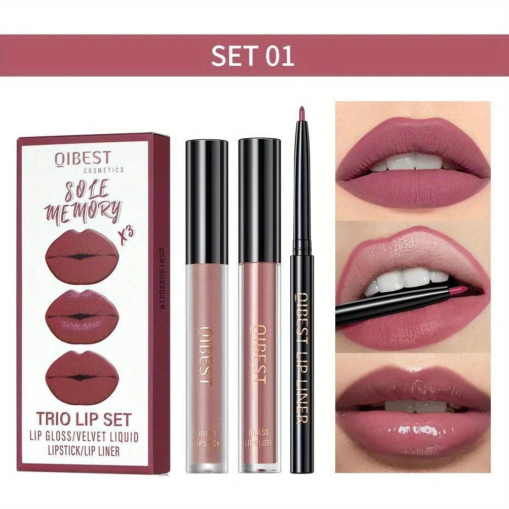 3-in-1 Lipstick Lip Liner Lip Gloss Set for Women Waterproof Long Lasting