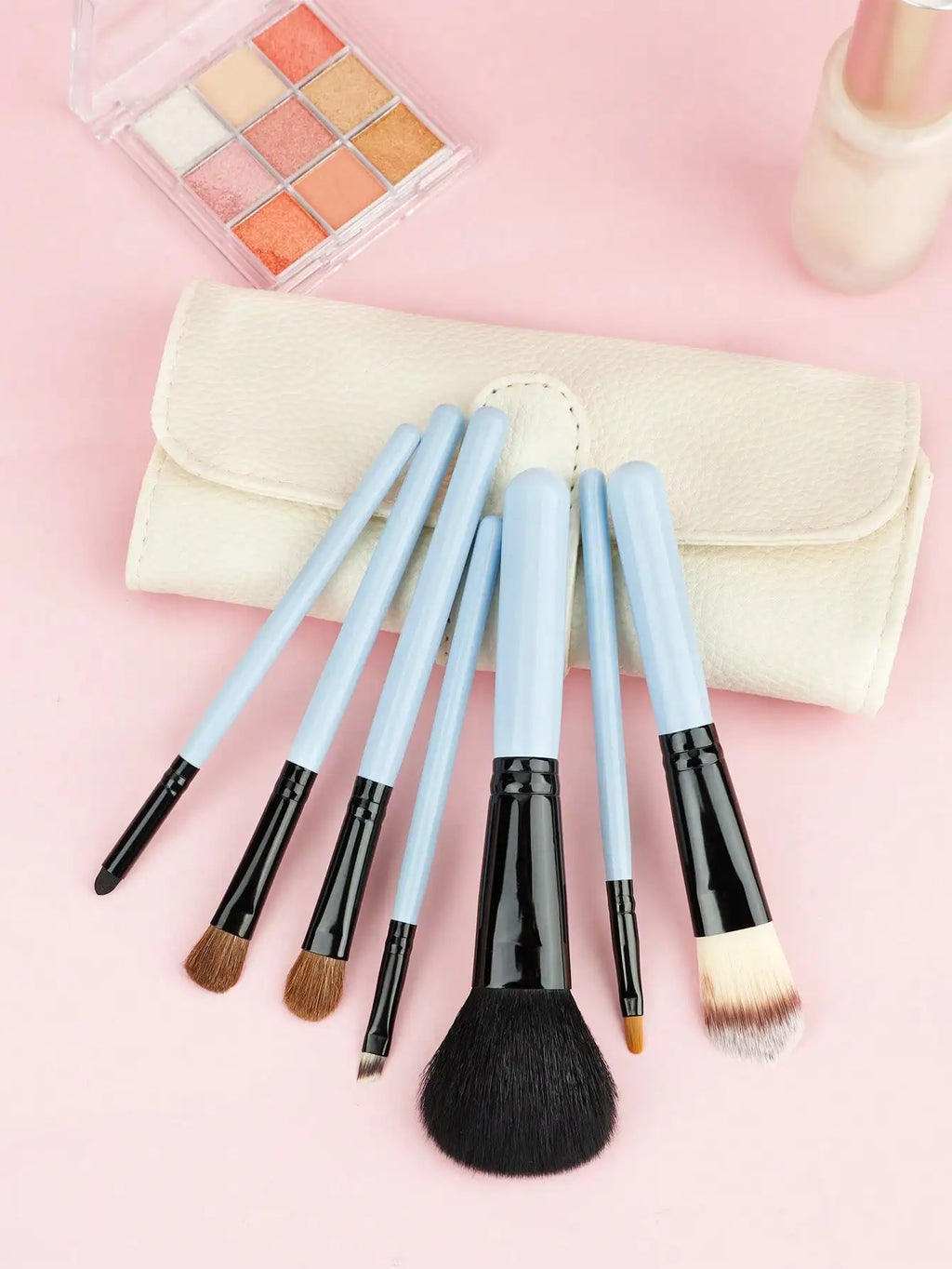 7-Piece Pink Makeup Brush Set with Leather Case - Portable Cosmetic Tools Kit