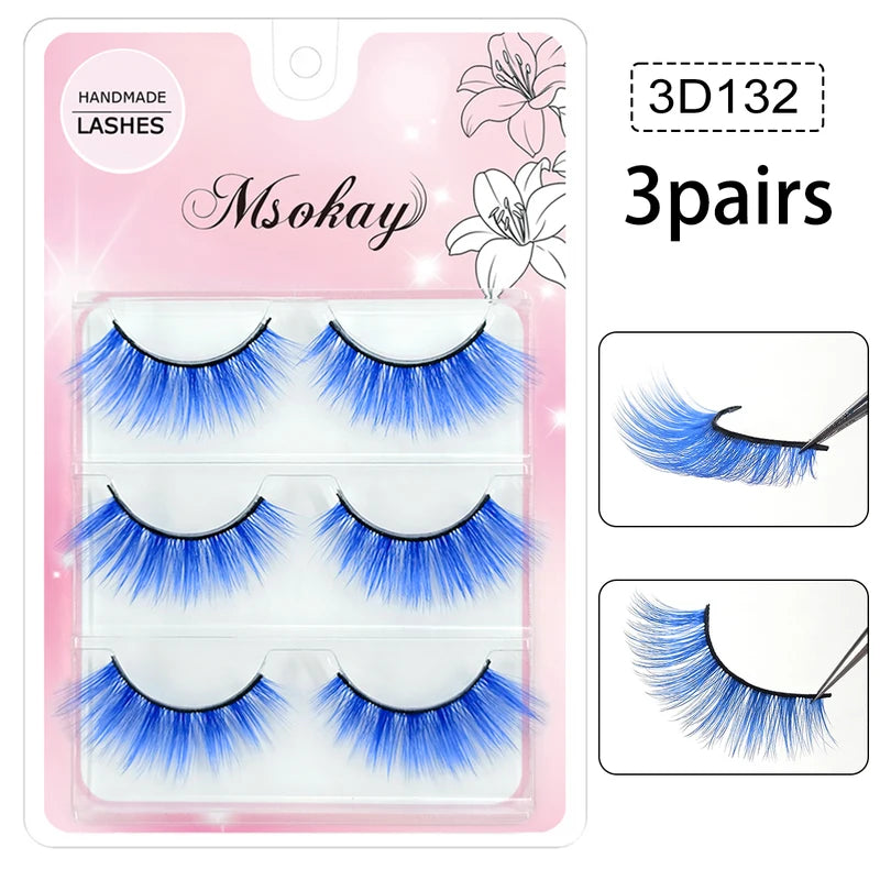 Rainbow Colorful False Eyelashes 3 Pairs - Vegan Makeup Eye Lashes for Halloween and Cosplay
