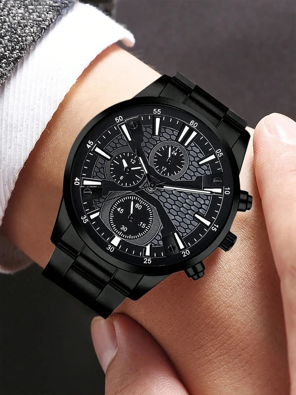 Men's Quartz Watch and Wallet Set - Stainless Steel Belted Business Accessories