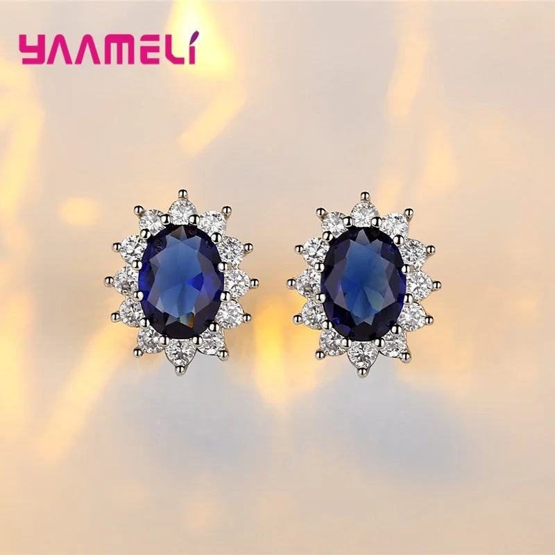 Sterling Silver Wedding Engagement Jewelry Set with Necklace Earrings Ring - Princess Oval Zircon