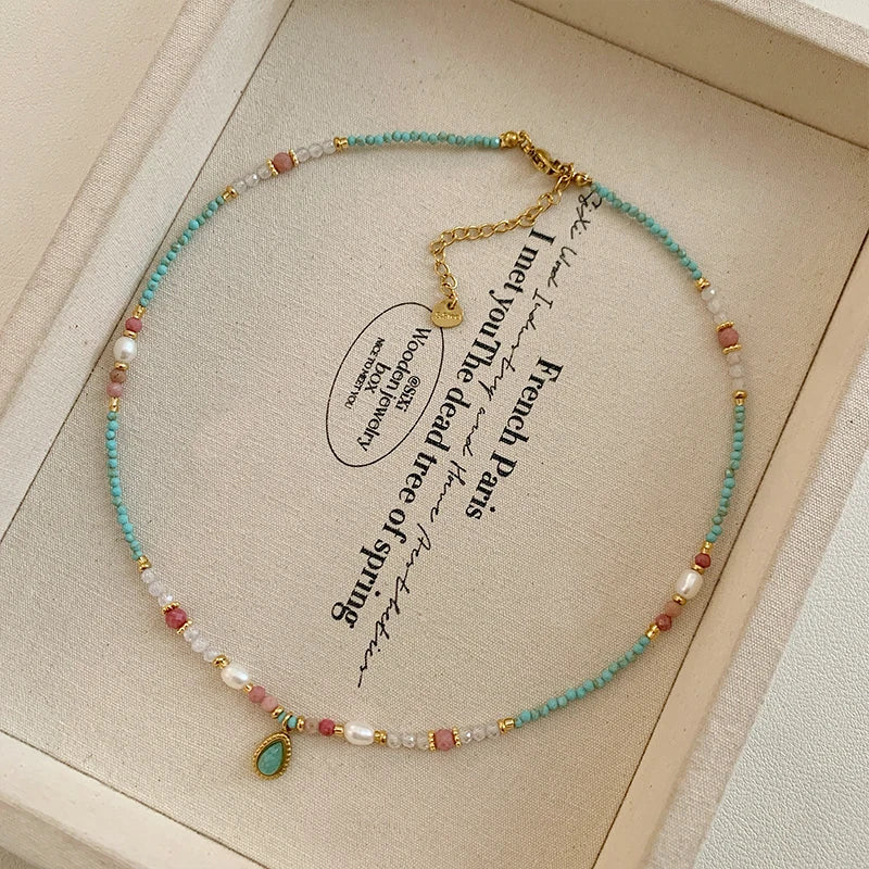 Natural Stone Pearl Bead Necklace with Water Drop Pendant - Women's Romantic Jewelry