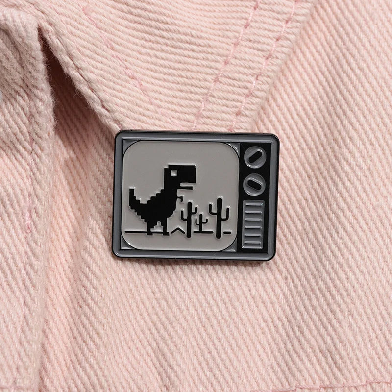Cartoon Dinosaur Pin Badge - Retro Pixel Enamel Brooch for Clothing & Bags
