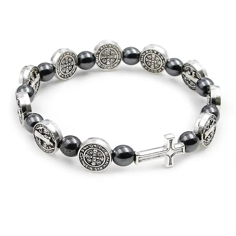 Catholic Rosary Bracelet with St. Benedict Medal Cross Prayer Jewelry Hematite Beads
