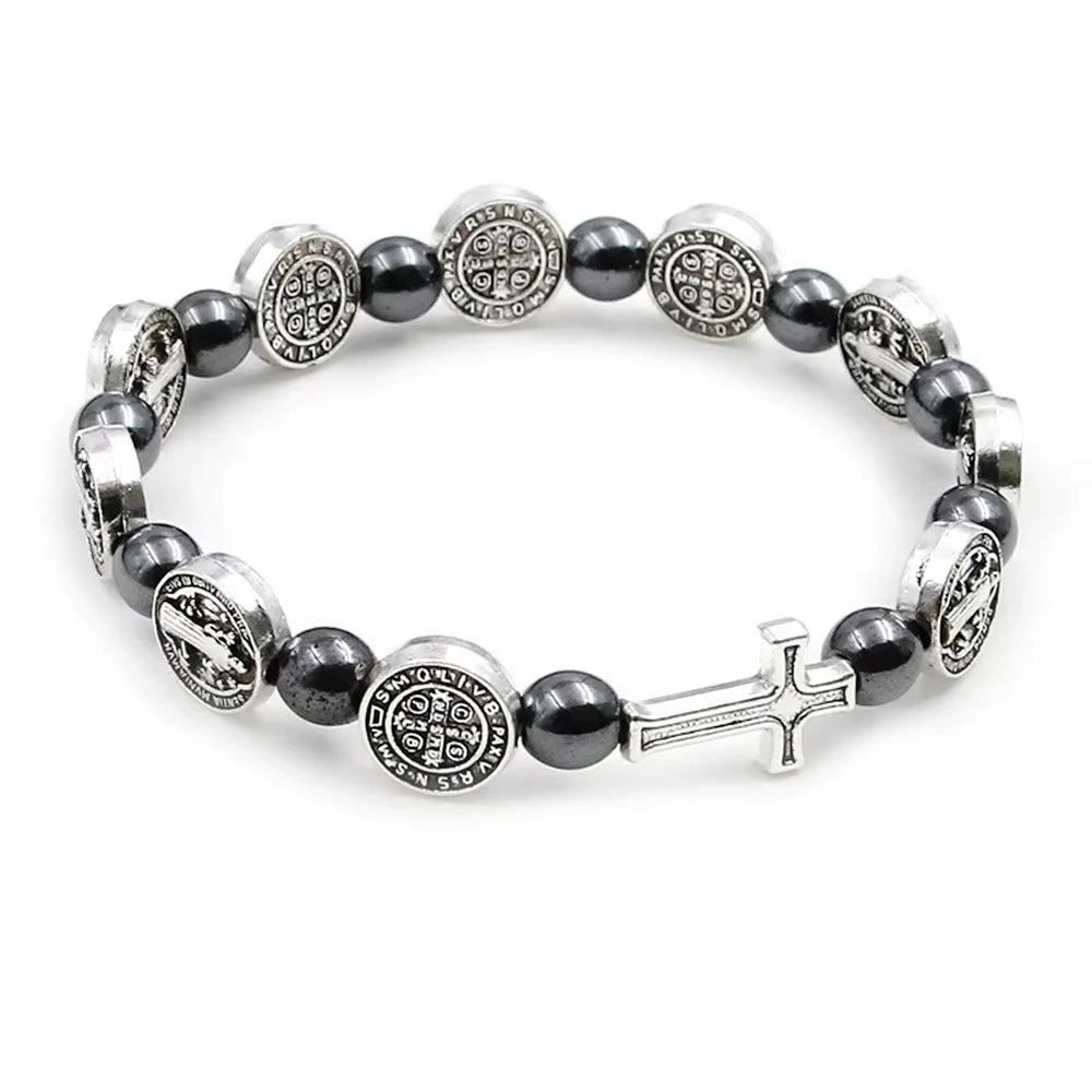 Catholic Rosary Bracelet with St. Benedict Medal Cross Prayer Jewelry Hematite Beads