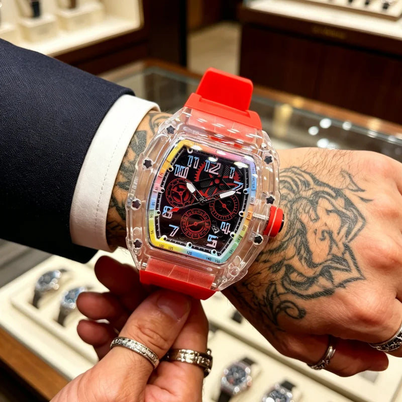 Men's High-End Barrel-Shaped Transparent Quartz Watch with Rainbow Dial Waterproof Wristwatch