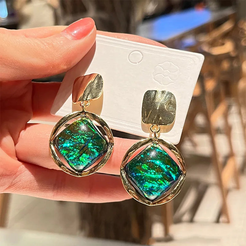 Gradient Green Square Pendant Earrings Geometric Dangle Jewelry for Women