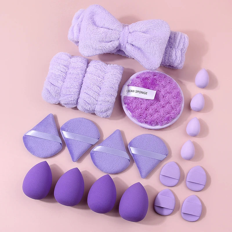 20PCS Makeup & Skincare Tool Set with Sponges Headbands and Wristbands - Flawless Base