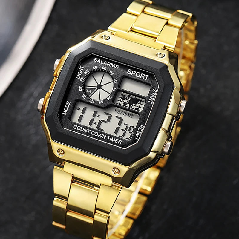 Men's Digital Sports Watch Waterproof LED Stainless Steel Strap Military Style