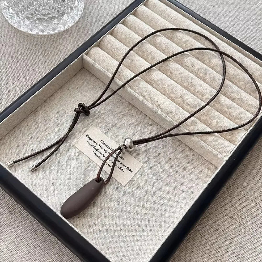 Geometric Metal Pendant Necklace for Women Long Rope Chain Black Water Drop Style