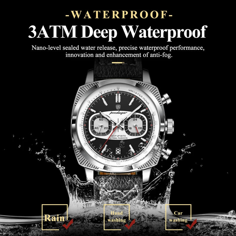 Men's Quartz Chronograph Waterproof Leather Wristwatch - Luminous Sport Watch