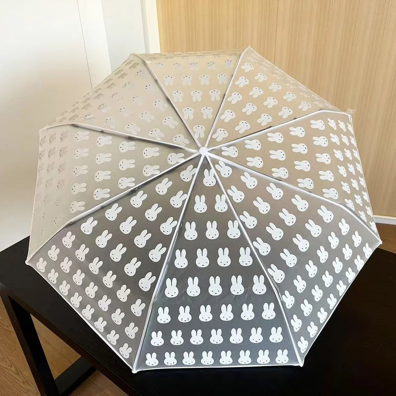 Cute Frosted Transparent Umbrella - Fully Automatic Portable Cartoon Rabbit Folding Umbrella for Students