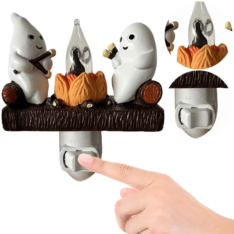 Ghost Campfire Nightlight with Flickering Flame & Whimsical Ghost Decor — Halloween Gift