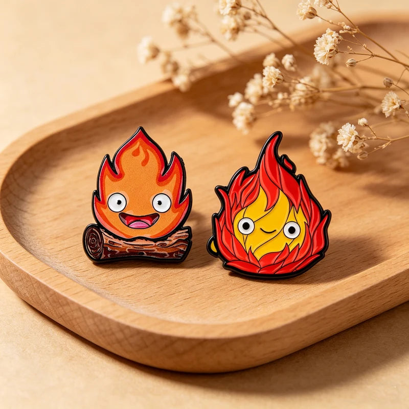2-Pack Cute Flame Enamel Pins Cartoon Anime Movie Brooches Fashion Jewelry