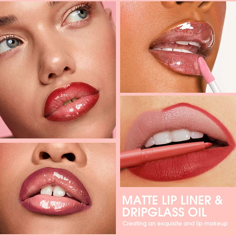 Matte Lip Liner & Lip Gloss Set - Waterproof Long-Lasting Lip Makeup Kit