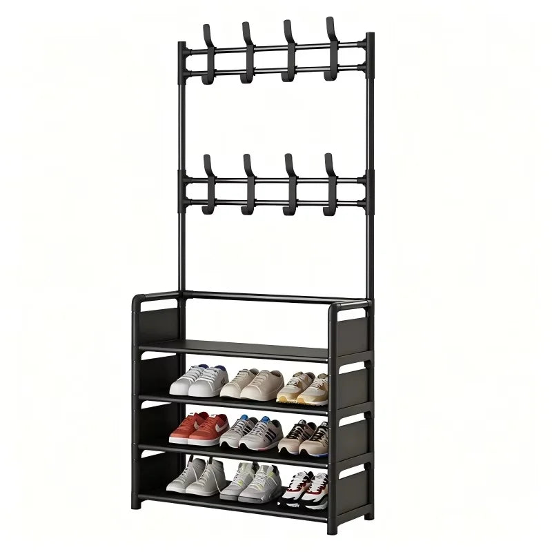 Multi-Tier Metal Storage Rack with 8 Hooks for Shoes Coats Hats Accessories