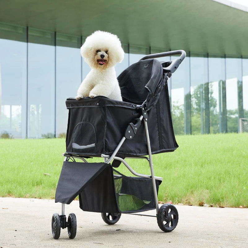 Foldable Pet Stroller for Small Dogs Cats - 3 Wheels, Mesh Windows, Storage