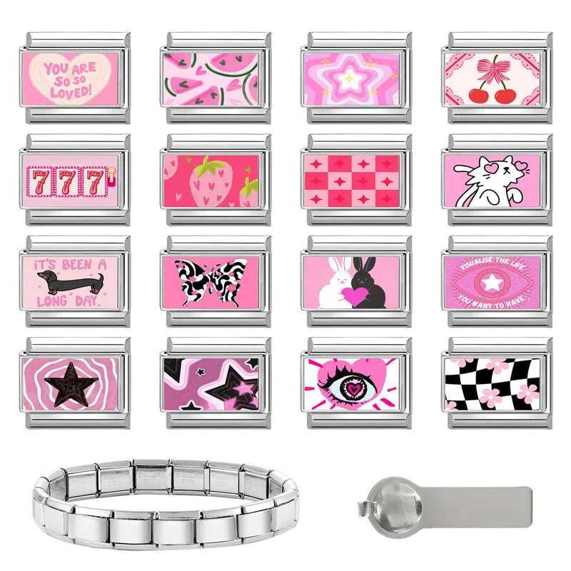 Pink Series Cat Rabbit Leopard Heart Italian Charm Links for 9mm Bracelets - Jewelry Making DIY