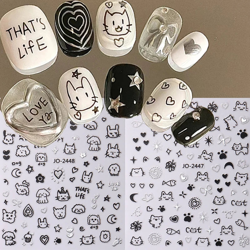 2Pcs Cartoon Cat Nail Stickers Holographic Love Heart Star Sliders for Manicure Decor