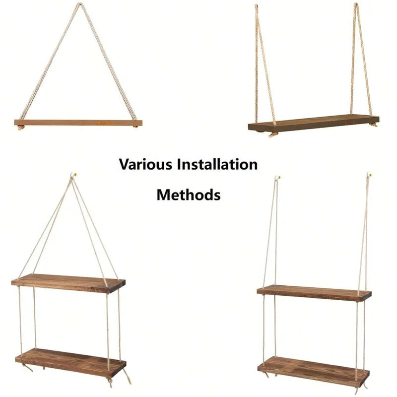 Wooden Floating Wall Shelf with Rope Hangings for Home Decor and Plant Display