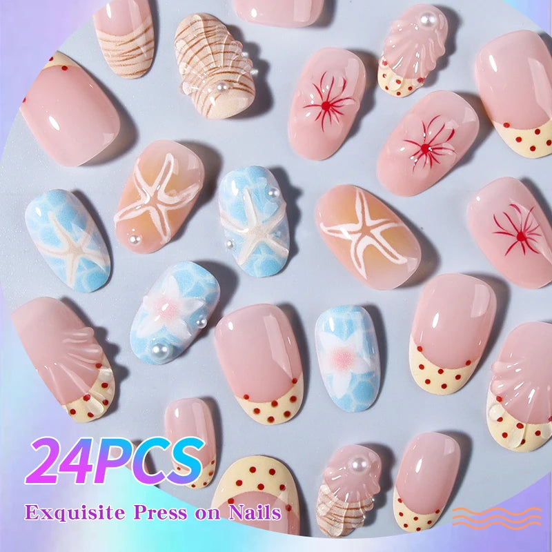 24 Pieces Gel Flower Starburst French Press Nails - Summer Ocean Style Manicure Set