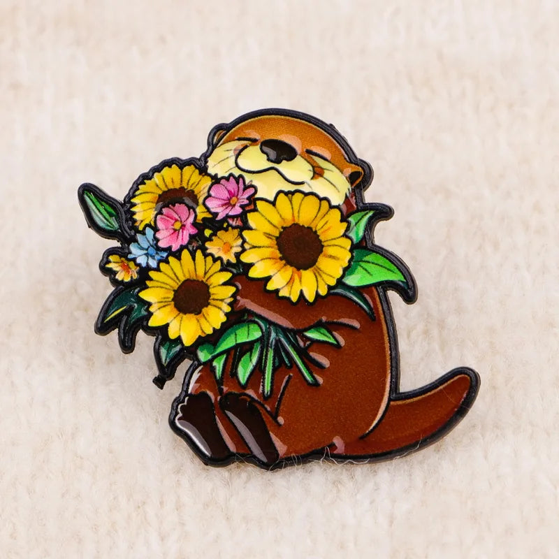 Cute Sunflower Otter Enamel Lapel Pin Jewelry Accessories Gift for Friends