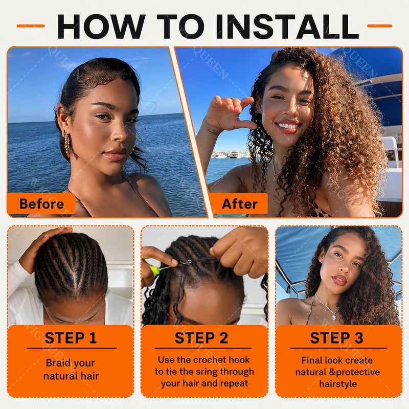 Kinky Curly Crochet Hair Extensions Pre-Looped Human Hair Knotless Boho Style