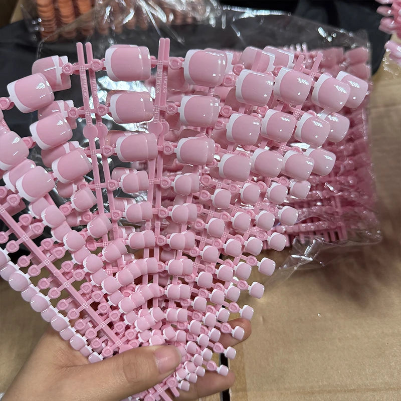 120pcs Short Square False Toe Nail Tips Pink French Gel Press On Full Cover