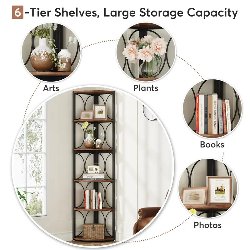 67 Inch Corner Shelf Unit with 6 Shelves - Rustic Standing Bookcase Storage Rack