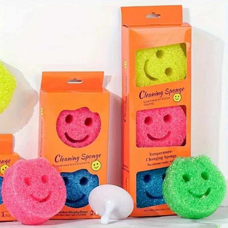 7pcs Smiley Face Temperature-Changing Cleaning Sponges - Colorful Kitchen Dishwashing Tools for Summer Grease Removal