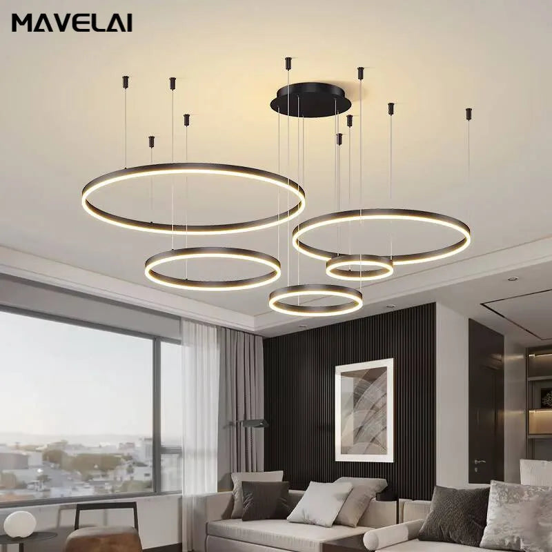 Modern LED Ceiling Chandelier with Adjustable Brightness & Color - Circular Ring Indoor Lighting