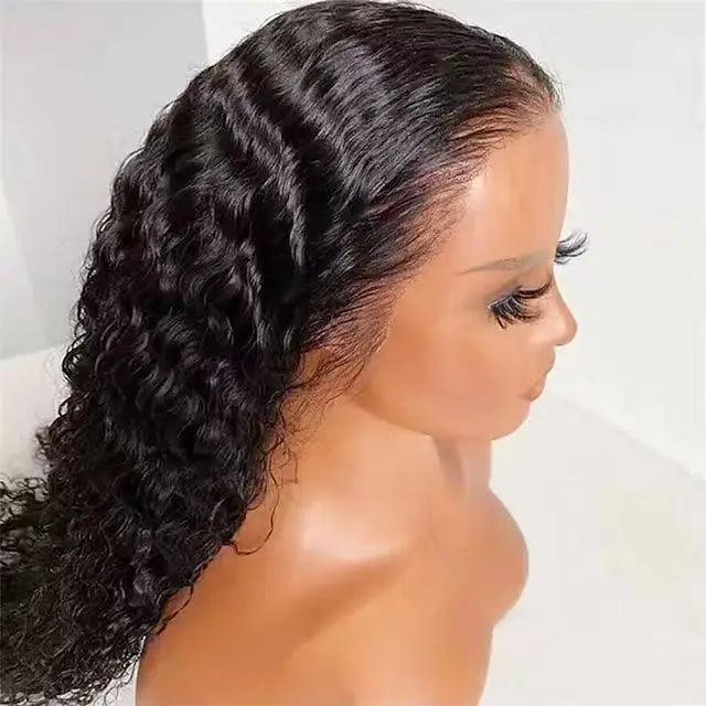 Women Black Water Wave Wig with Big Curly Middle Part - Fluffy Synthetic Full Wig