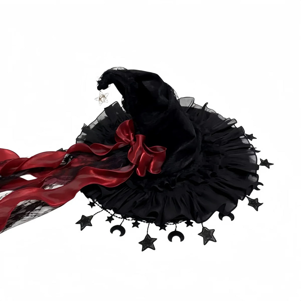 Velvet Lace Witch Hat with Moon Pendant - Halloween Costume Party Accessory